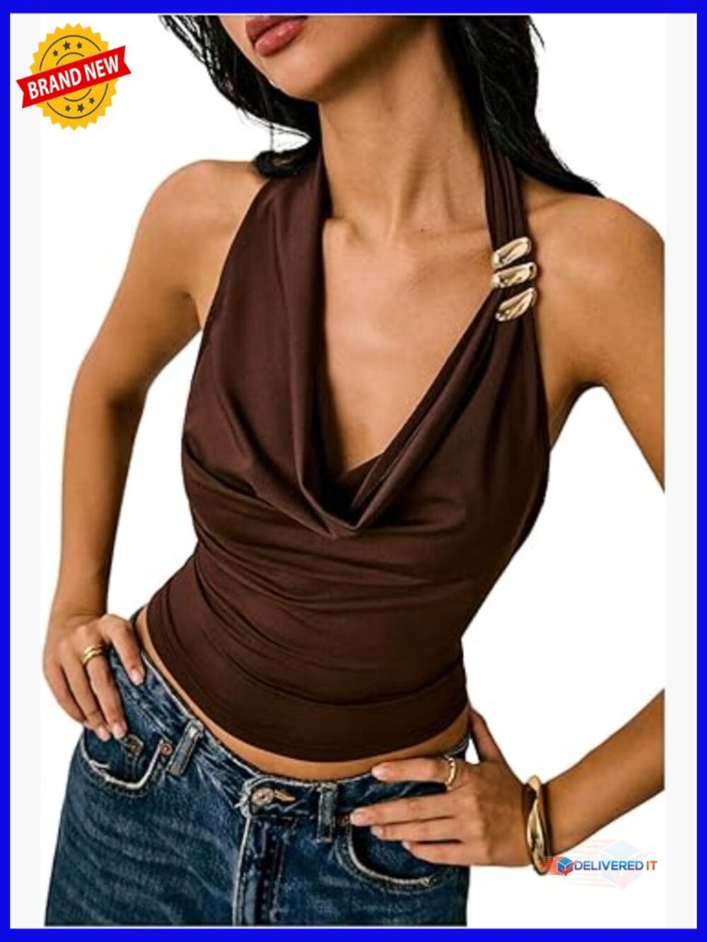 Halter Crop Top Cowl Neck Open Back Fitted Tank Summer